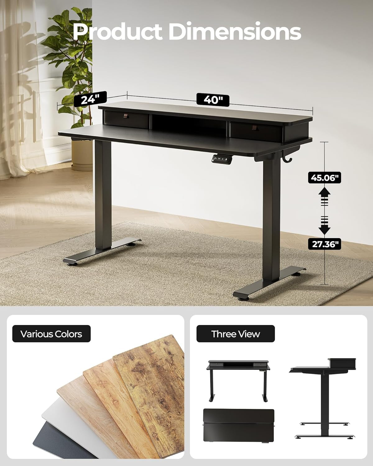 40'' X 24'' Height Adjustable Electric Standing Desk with Double Drawer, Height Adjustable Computer Desk, Home Office Stand up Table with 4 Height-Adjustable Feets & 2 Hooks, Black
