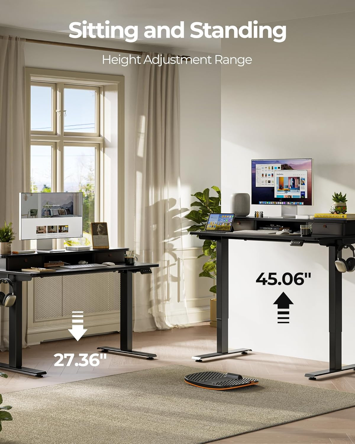 40'' X 24'' Height Adjustable Electric Standing Desk with Double Drawer, Height Adjustable Computer Desk, Home Office Stand up Table with 4 Height-Adjustable Feets & 2 Hooks, Black