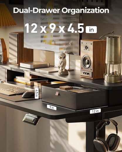 40'' X 24'' Height Adjustable Electric Standing Desk with Double Drawer, Height Adjustable Computer Desk, Home Office Stand up Table with 4 Height-Adjustable Feets & 2 Hooks, Black